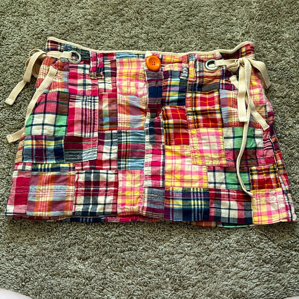 Retro American Eagle patchwork plaid mini skirt mini skirt w/ side, ties pockets